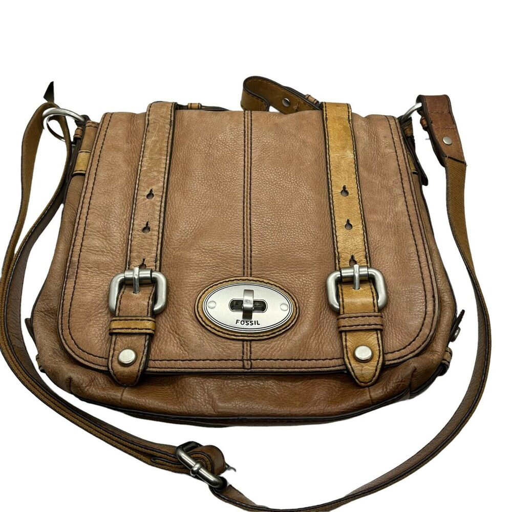 Fossil ZB4501 Womens Caramel Maddox Organizer Flap Turn Lock Satchel Handbag
